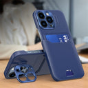 iPhone Hülle mit Kartenetui & ausziehbarem Metallobjektiv mit Ständerfunktion – Dark Blau